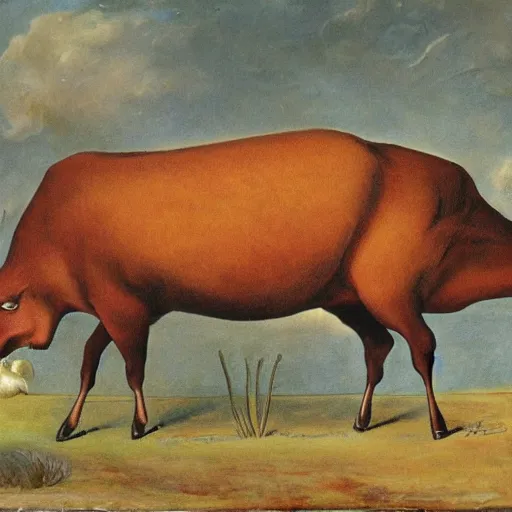 Prompt: a paining of a funky looking ox facing forward, the ox is eating grass and he is holding a rat in one hoof, and in other hoof is a snake trying to get away,