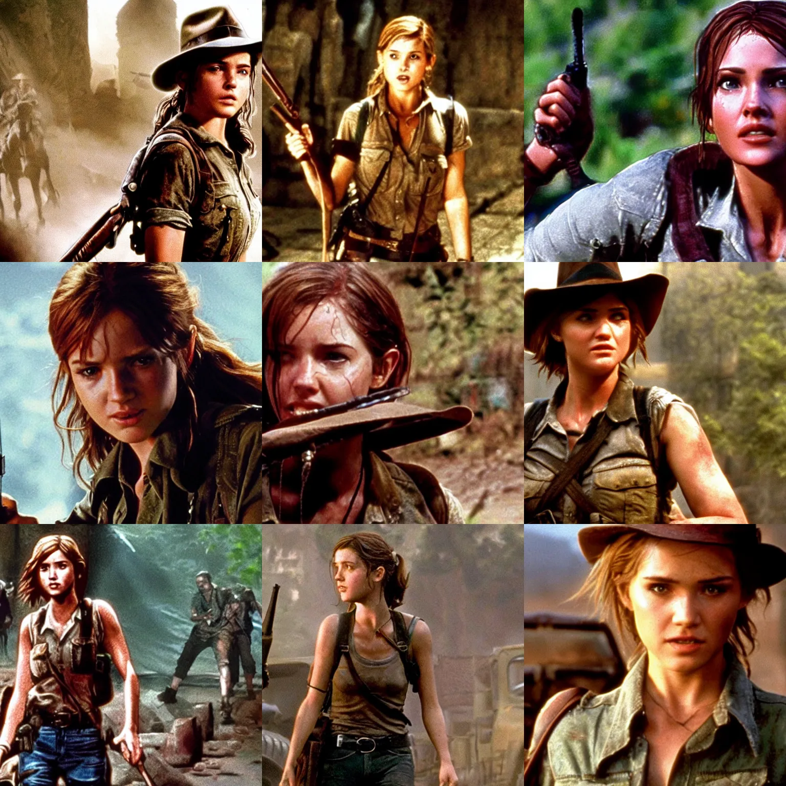 Prompt: Ellie from the Last of Us as Indiana Jones, film still from 'Indiana Jones and the Last Crusade (1989)'