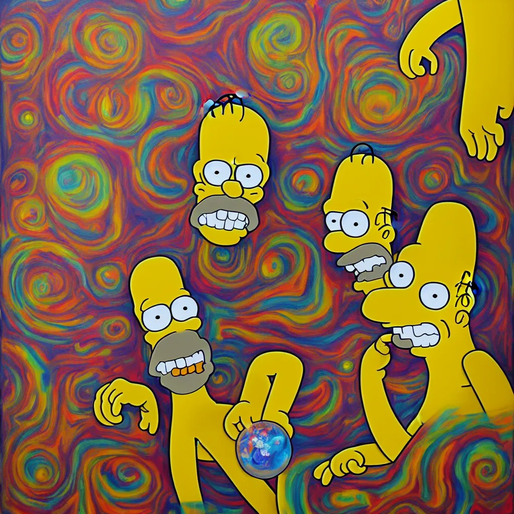 Prompt: an oil on canvas portrait painting of a homer simpson acid trip, polycount, surrealism, surrealist, lovecraftian, cosmic horror, high detail