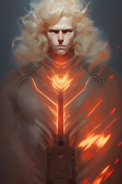 Image similar to digital art of a pale menacing male Cyborg Angel of Battle with fluffy blond curls of hair and piercing eyes, central composition, he commands the fiery power of resonance and wrath, by WLOP, Artstation, CGsociety