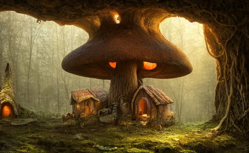 Image similar to A mushroom house in a tall mushroom, small door and windows in the mushroom, warm light coming from the windows, in a dark forest, macro, cool tones, underexposed, overecast, mysterious matte painting by greg rutkowski and marc simonetti and Ivan Shishkin, 4k