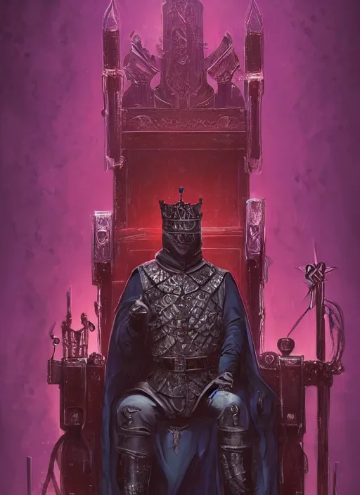 Image similar to a portrait of an old medieval king on the throne, cyberpunk, dark purple color scheme, grim - lighting, high - contrast, intricate, elegant, highly detailed, digital painting, artstation, concept art, smooth, sharp focus, illustration