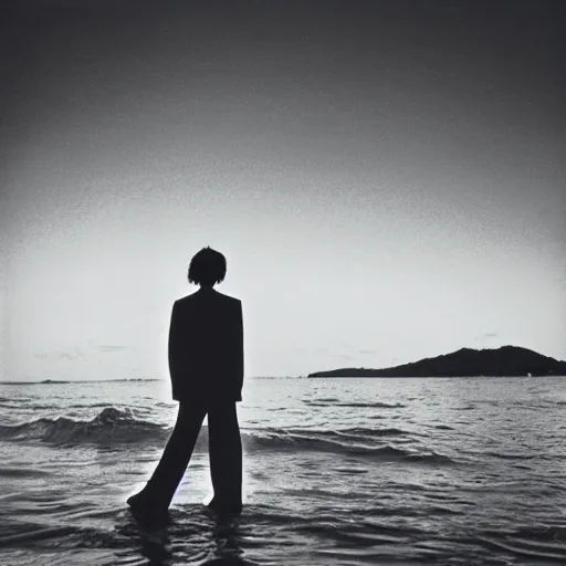 Image similar to japanese man with long hair wearing a beige suit and black pants standing in the ocean, facing the camera, sunset, night, wide shot, ((tatsuro yamashita)), album cover, 1980s japan, grammy award winning