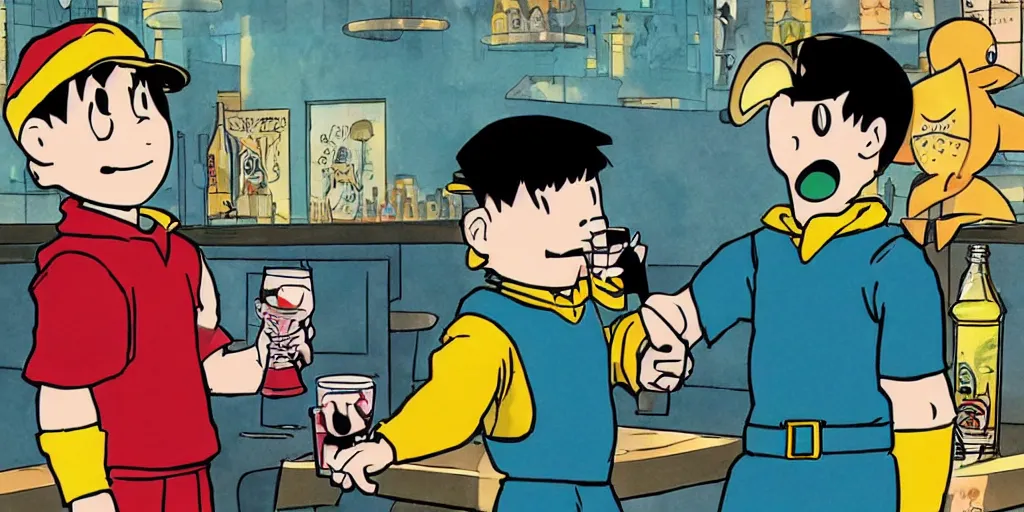 Image similar to Ness from Earthbound Aquaman and a Penguin having drinks at a bar, comic book style