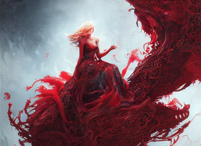 Image similar to woman in love sit upon a scarlet coloured beast, pain, light effect, hyper detailed, intricate, elegant, highly detailed, digital painting, artstation, concept art, matte, sharp focus, illustration, by james jean, andrei riabovitchev, marc simonetti, yoshitaka amano