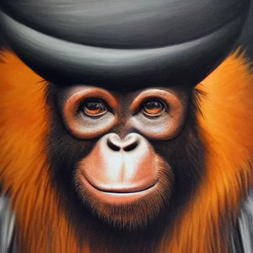 Prompt: portrait painting of an anthropomorphized orangutan, wearing a monocle and a small bowler hat, oversized mustache. dark outlining style. highly detailed. trending on artstation. slightly surreal, hyper realistic. style of chuck u