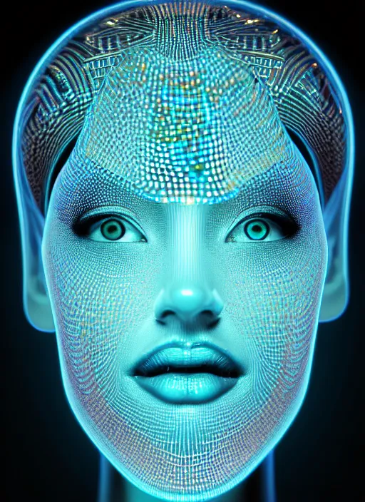 Image similar to ( isometric view, beautiful woman queen chess piece ( top bioluminescence ) ( bottom parametric ) ), beautiful face, reflection of led lights, algorithmic, intricate detail, futuristic, very detailed, highly detailed background, sharpfocus, photorealism, soft diffuse autumn lights, some sun light ray, dark room wall, canon 5 d 5 0 mm lens