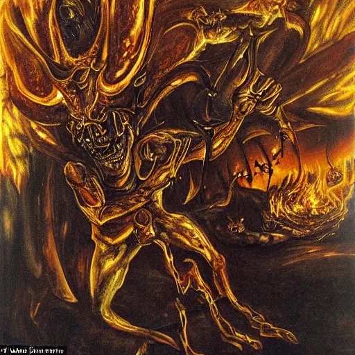 Image similar to hornet headed demon in a Dante’s inferno hellscape, molten, reflections, flames, shadows, intricate detail, famous painter,