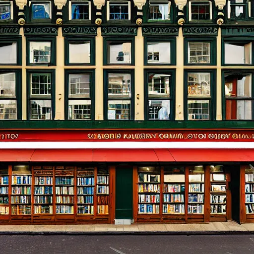 Image similar to a multistory bookshop, 85mm dslr photo by Malcolm Morley, featured on cg society, arts and crafts movement, national geographic photo, streetscape, atmospheric, early evening, cloudy