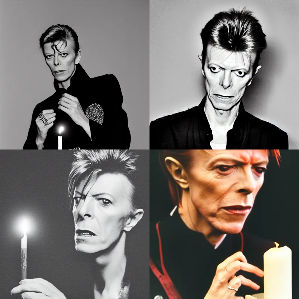 Prompt: david bowie wearing a mitre on a prayer candle