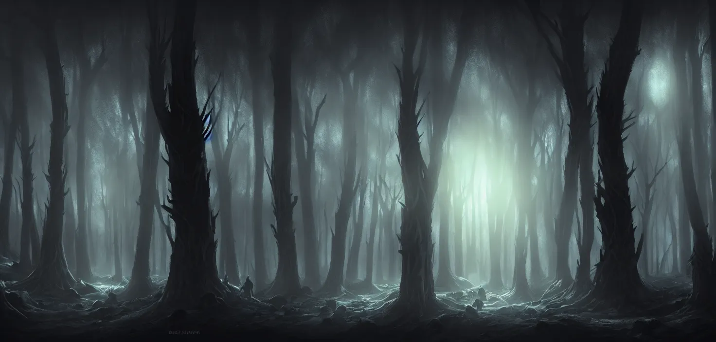 Prompt: concept art inside of the dark wood, no people, cinematic view, epic magic night, detailed, concept art, high detail, warm lighting, volumetric, godrays, vivid, beautiful, by lynn chen, art ekaterina savic behanc