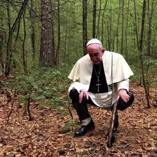 Prompt: paparazzi photo of the pope squatting in the woods.