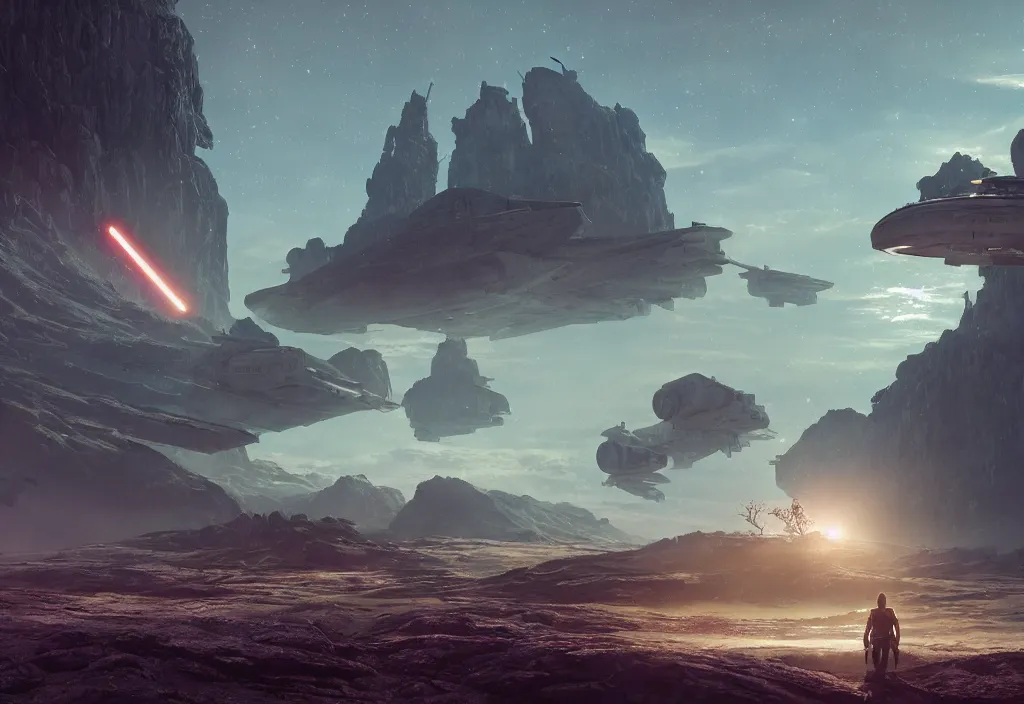 Image similar to a dramatic epic ethereal stunning beautiful and insanely detailed matte painting of a Star Wars movie still, lens flares, atmospheric!! and vaporwave composition, digital art by John Martin and Simon Stalenhag, winning-award masterpiece, fantasy, octane render, 8K HD Resolution, High quality image