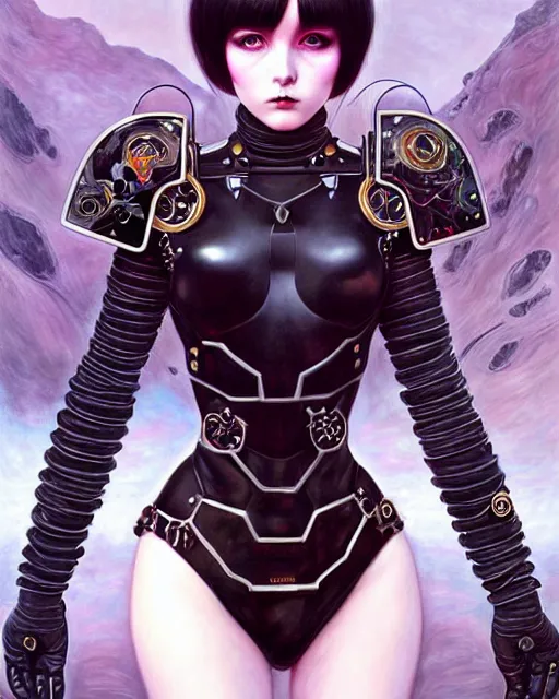 Image similar to portrait of beautiful cute goth girl in warhammer mechanical armor, art by kuvshinov ilya and wayne barlowe and gustav klimt and artgerm and wlop