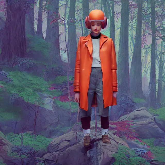 Image similar to portrait of alone androgynous girl wearing long orange vintage leather coat and wearing giant modular synthesizer 8 0 s sony stereo helmet and backpack. bakelite cliffs, moss green japanese forest background, ultrafine hyperdetailed illustration by hsiao - ron cheng and artgerm, the grand budapest hotel, glow, no crop, digital art, artstation, pop art