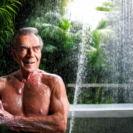 Image similar to 4 k hdr full body wide angle sony portrait of two ronald reagans showering in a tropical bali jungle shower with moody stormy overcast lighting