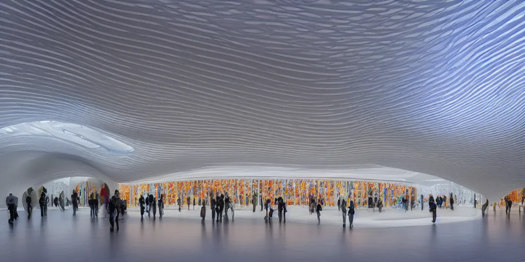 Prompt: extremely detailed awe ornate stunning beautiful futuristic smooth curvilinear elegant retail apple store interior by zaha hadid, translucent gills, stunning volumetric light, stainless steel, concrete, translucent material, beautiful sunset, hyper real, 8 k, colorful, 3 d cinematic volumetric light, atmospheric light