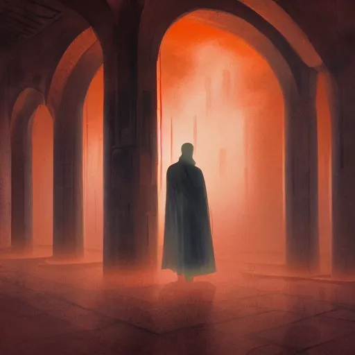 Prompt: robed man levitating in a sith temple, atmospheric, cinematic, concept art painting