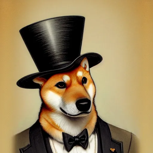 Image similar to portrait painting of a cute shiba inu gentleman with top hat, ultra realistic, concept art, intricate details, eerie, highly detailed, photorealistic, octane render, 8 k, unreal engine. art by artgerm and greg rutkowski and charlie bowater and magali villeneuve and alphonse mucha
