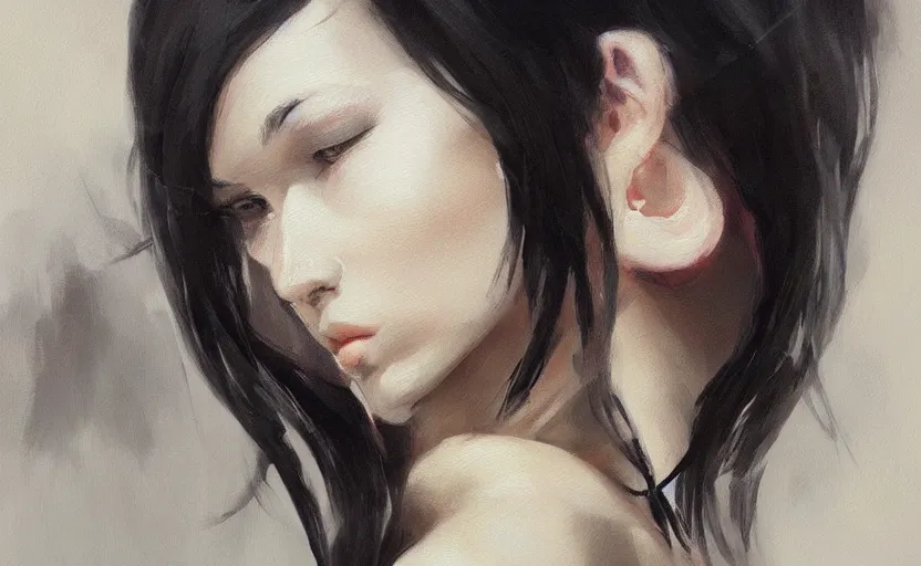 Image similar to a painting of aki trending on artstation in the style of greg rutkowski, beautiful, sensuality, natural, horns on head, long black hair, portrait