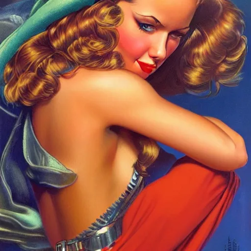 Prompt: woman, long hair, ultra detailed, by greg hildebrandt fancy future century oil painting high quality clothed in fancy garb in pin up style