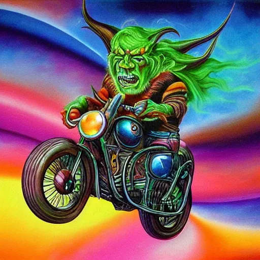 Image similar to psychedelic airbrush art of an orc driving a motorcycle