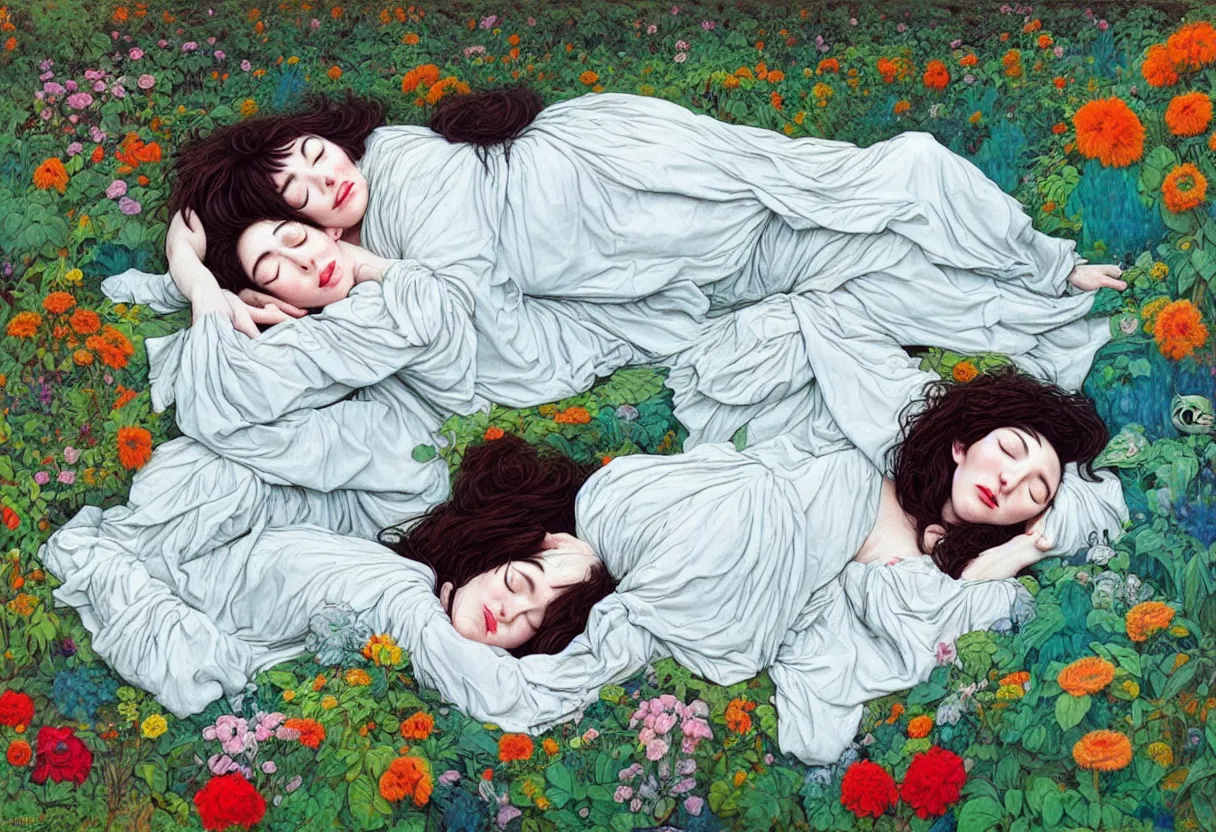 Prompt: ! dream portrait of kate bush sleeping in a garden by james jean