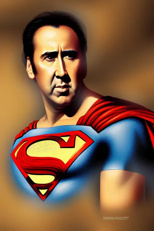 Image similar to portrait of nicolas cage as superman looking away from the camera, intricate, extremely detailed digital painting by greg rutkowski, artstation