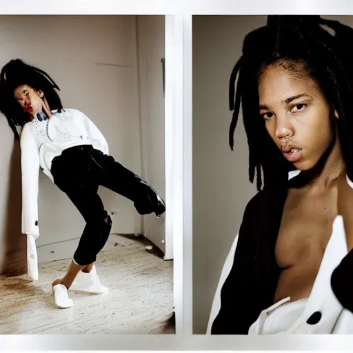 Image similar to realistic! photoshoot for a new vetements lookbook, color film photography, portrait of a beautiful woman, location in a apartment, in style of tyler mitchell, 35mm