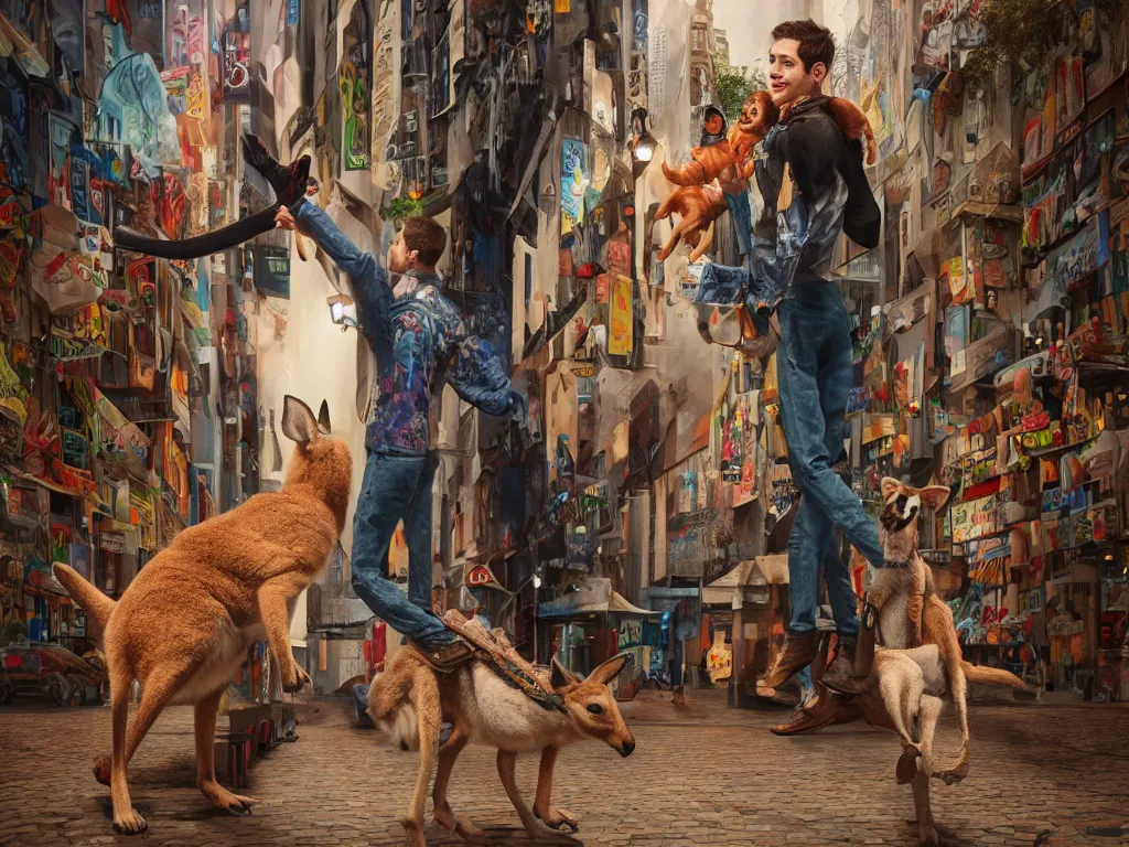 Image similar to pete davidson walking a kangaroo in the style of michael cheval, 4 k, hyper detailed, trending on artstation, photorealistic, volumetric lighting, octane render,