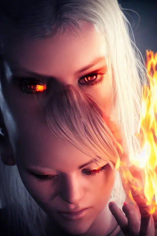 Image similar to young blonde woman playing with flames coming out of her eyes, cyberpunk, realistic, high definition, many details, dramatic scene, symmetrical face, realistic eyes, unreal engine art 5