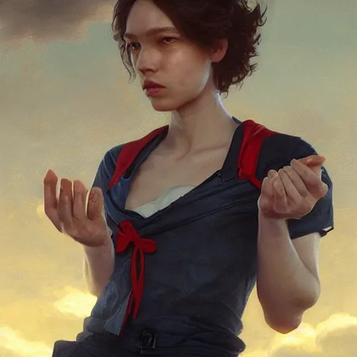 Image similar to epic portrait an woman wearing short sleeved sailor outfit, sweaty skin, hyperrealistic, expressive, emotional, moody, contre jour, octane render, cinematic, beautiful face and flawless skin, perfect hands, 5 fingers, by Edgar Maxence and Ross Tran and Michael Whelan, Legends of Runeterra