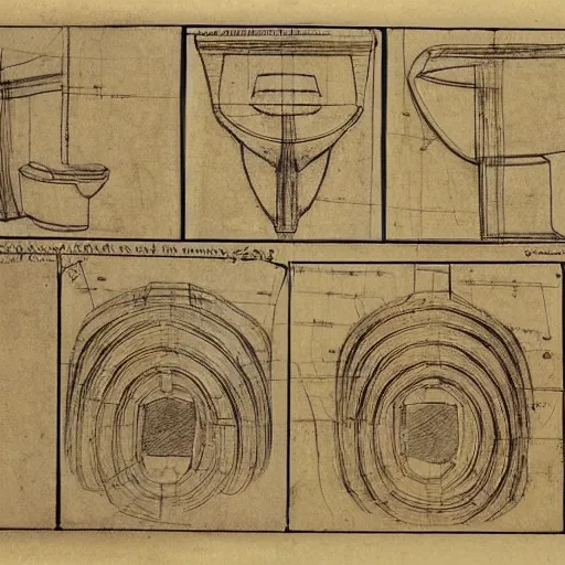 Prompt: leonardo da vinci sketches of a toilet seat. blueprint of a toilet seat. booknote.