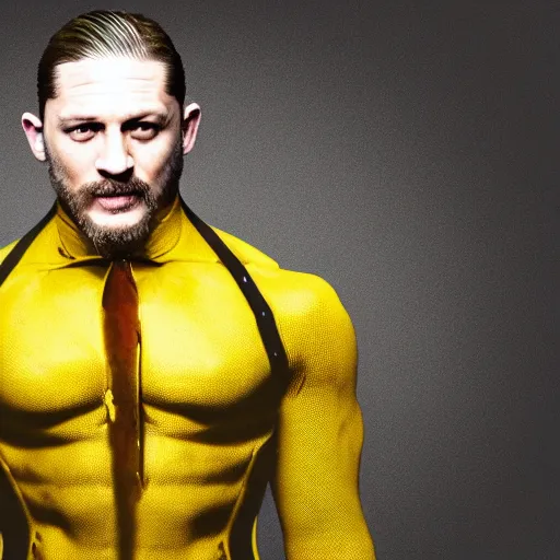 Image similar to Tom Hardy in yellow wolverine suit Digital art 4K quality