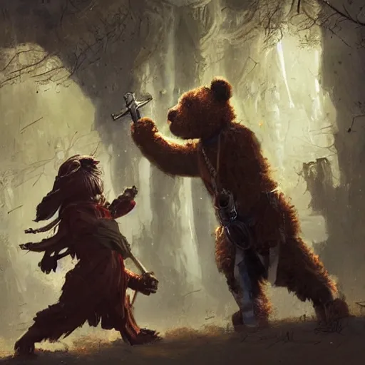 Prompt: a teddy bear priest fights against a Puppet warrior, by greg rutkowski, in the style of magic the gathering, trending on artstation, 4k, very detailed