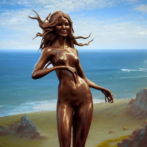 Prompt: by richard s. johnson ornate. a beautiful sculpture of a human - like creature with long, stringy hair. the figure has no eyes, only a mouth with long, sharp teeth. the creature is standing on a cliff overlooking a dark, foreboding sea.
