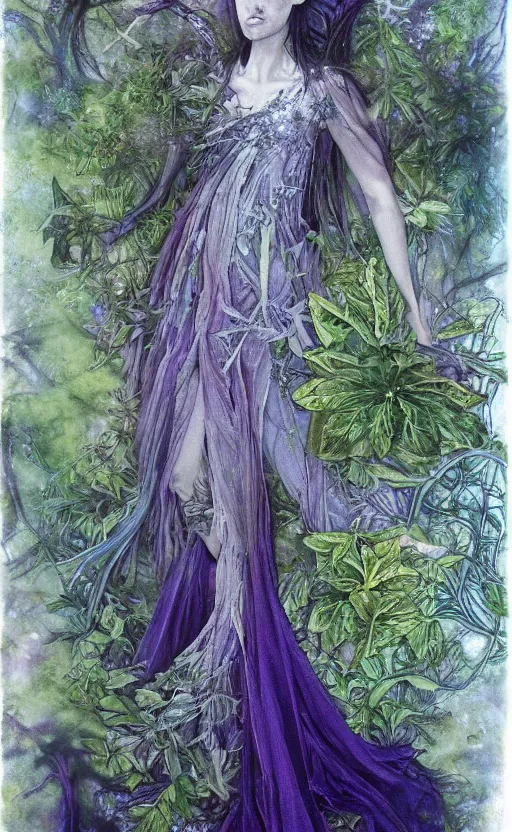 Image similar to fey queen of the summer forest, dress of leaves, fine features, thin, young, silver shimmering hair, by brian froud, stars, night colors, night, purple blue black, oil on canvas, oil panting