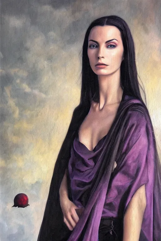 Image similar to hyperrealism oil painting, close - up portrait of carole bouquet medieval brunette vampire fashion model, knight, steel gradient mixed with nebula sky, in style of baroque