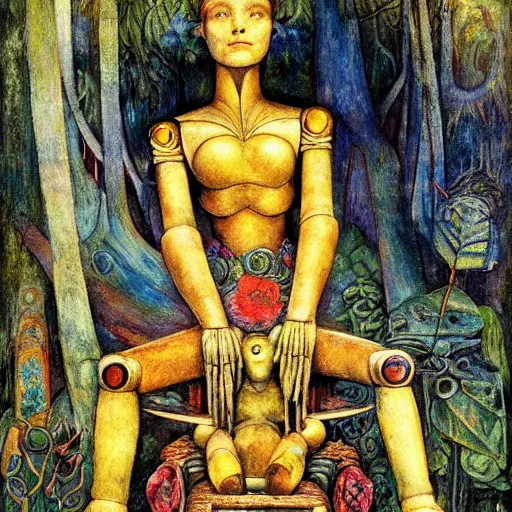 Image similar to the robot on her forest throne, by Annie Swynnerton and Diego Rivera, symbolist, dramatic lighting, elaborate geometric ornament, Art Brut ,god rays, soft cool colors,smooth, sharp focus, extremely detailed, Adolf Wölfli