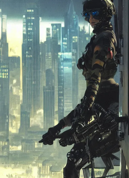 Prompt: Dinah. USN special forces operator looking at city skyline. Futuristic stealth suit. mgs and rb6s Concept art by James Gurney, Alphonso Mucha, matt rhodes.