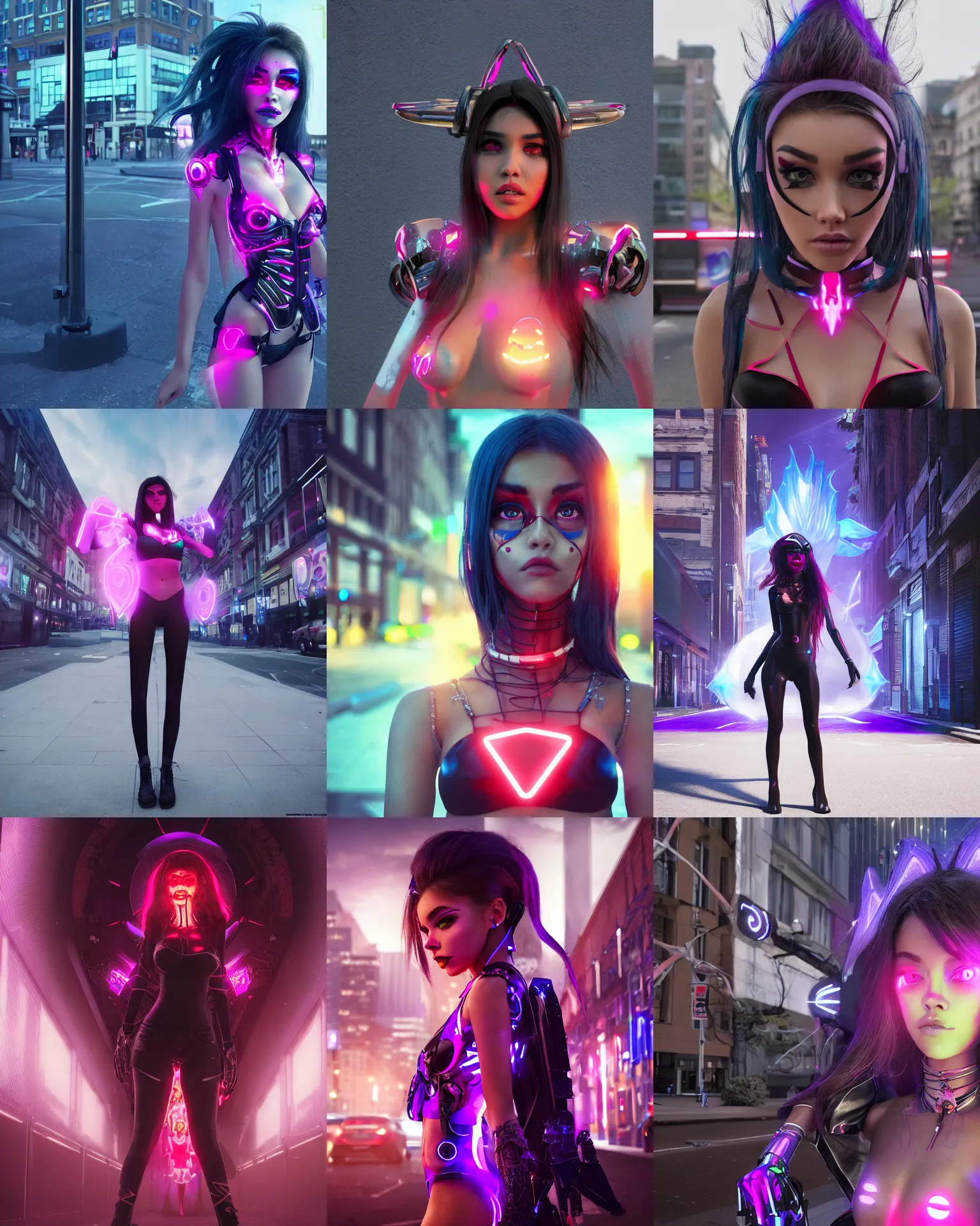 Prompt: young woman madison beer as an edc rave devil girl cyborg waiting at a bus stop in downtown london, octane render, anime, trending on artstation, unreal engine, volumetric lighting, concept art, sci - fi, photoreal, sweating, pouty face, looking at camera, symmetrical, pixar, greg rutkowski, wlop,