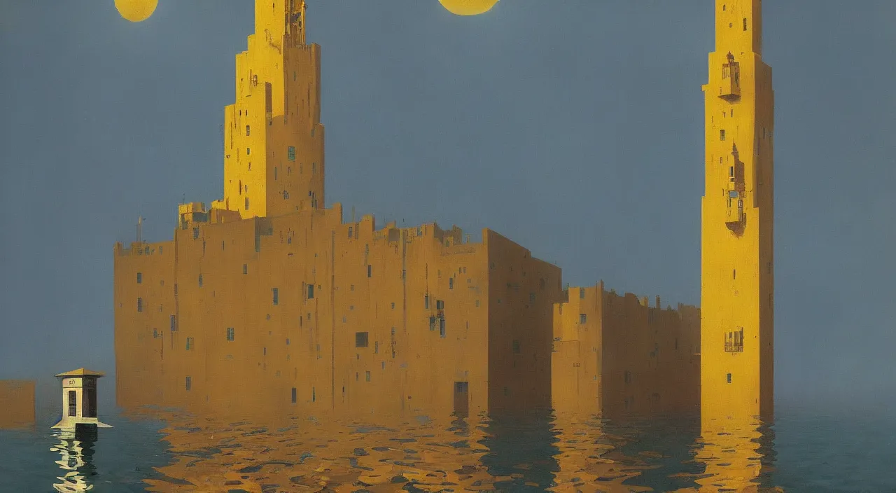 Prompt: single flooded simple golden tower, very coherent and colorful high contrast!! masterpiece by rene magritte simon stalenhag carl spitzweg syd mead norman rockwell edward hopper james gilleard, surrealism!, minimalist, dark shadows, sunny day, hard lighting