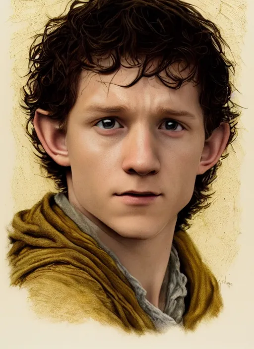 Prompt: portrait of tom holland as frodo, hobbit wearing a gold ring with engravings on his finger, by alan lee, lord of the rings, smooth, detailed terrain, oil painting, matte painting, concept art, trending on artstation, promotional artwork, film still, elegant, photorealistic facial features, intricate, detailed face, cinematic lighting