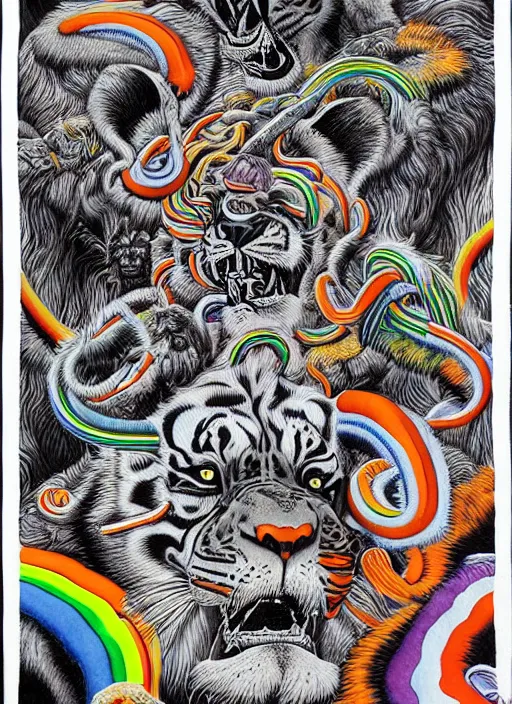 Prompt: lions and tiger and bears dissolving into melted liquid braids, cubensis, aztec, basil wolverton, r crumb, hr giger, mc escher, dali, muted but vibrant colors, rainbow tubing, ribbons and folds