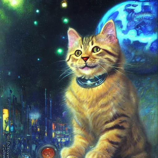 Image similar to a portrait of a humanoid fluffy tabby cat feline with green human eyes wearing a space suit. shadowrun cyberpunk fantasy highly detailed painting by gaston bussiere craig mullins jc leyendecker gustav klimt artgerm greg rutkowski john berkey, bergey, craig mullins, ruan jia, raymond swanland, jeremy mann, tom lovell, alex malveda