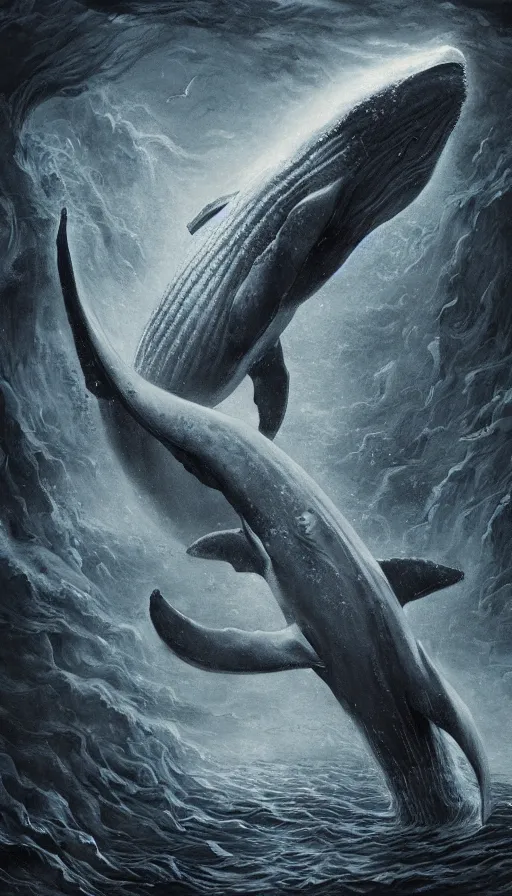 Image similar to summoning an ancient whale spirit, wet, surrealistic, dark fantasy, highly detailed concept art