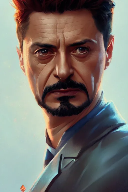 Image similar to volodymyr zelensky looks like tony stark, portrait, iron man, highly detailed, digital painting, artstation, concept art, smooth, sharp focus, illustration, cinematic lighting, art by artgerm and greg rutkowski and alphonse mucha