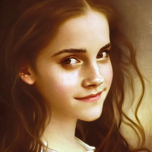 Image similar to Painting of Emma Watson as Hermione Granger. Smiling. Happy. Cheerful. Art by william adolphe bouguereau. Extremely detailed. Beautiful. 4K. Award winning.