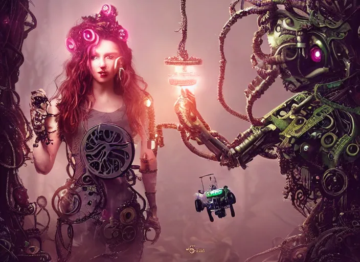 Image similar to intricate mechanical fairy with visible gears having tea with a cyborg gorgon medusa in a magical forest. Very detailed 8k. Fantasy cyberpunk horror. Sharp. Cinematic post-processing