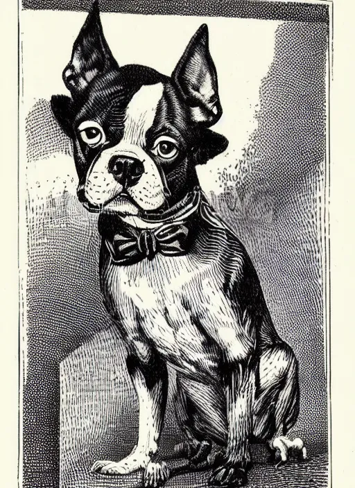 Prompt: 19th century wood-engraving of a Boston terrier called Iggy, whole page illustration from Jules Verne book titled Stardust Crusaders, art by Édouard Riou Jules Férat and Henri de Montaut, frontal portrait, high quality, beautiful, highly detailed, removed watermarks